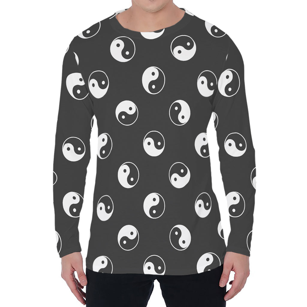Grey And White Yin Yang Pattern Print Men's Long Sleeve T-Shirt