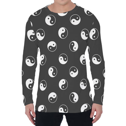 Grey And White Yin Yang Pattern Print Men's Long Sleeve T-Shirt