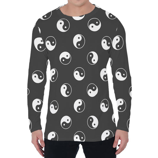 Grey And White Yin Yang Pattern Print Men's Long Sleeve T-Shirt