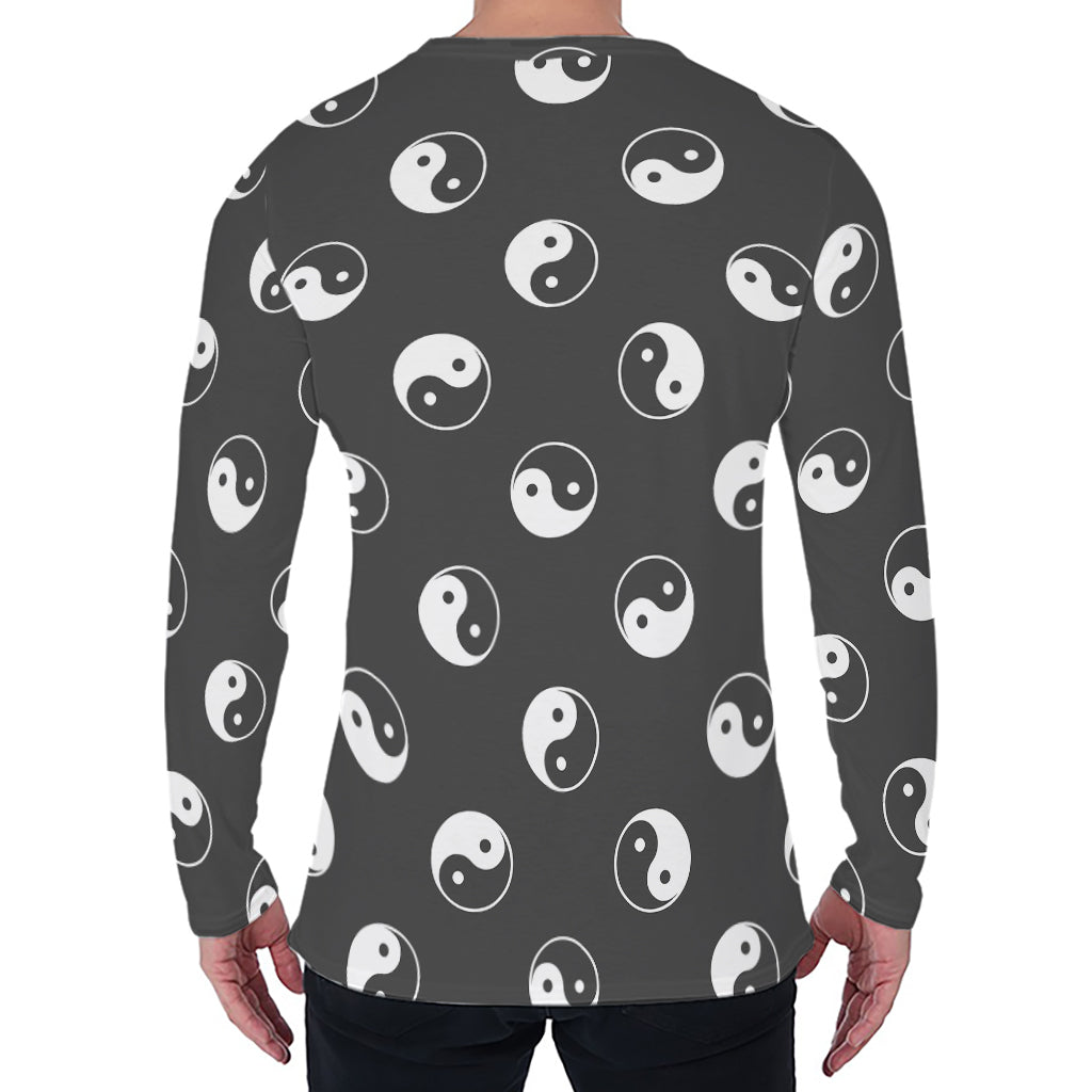 Grey And White Yin Yang Pattern Print Men's Long Sleeve T-Shirt