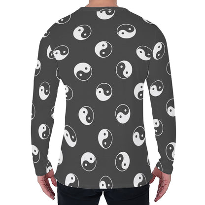 Grey And White Yin Yang Pattern Print Men's Long Sleeve T-Shirt