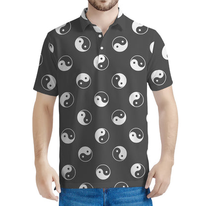 Grey And White Yin Yang Pattern Print Men's Polo Shirt