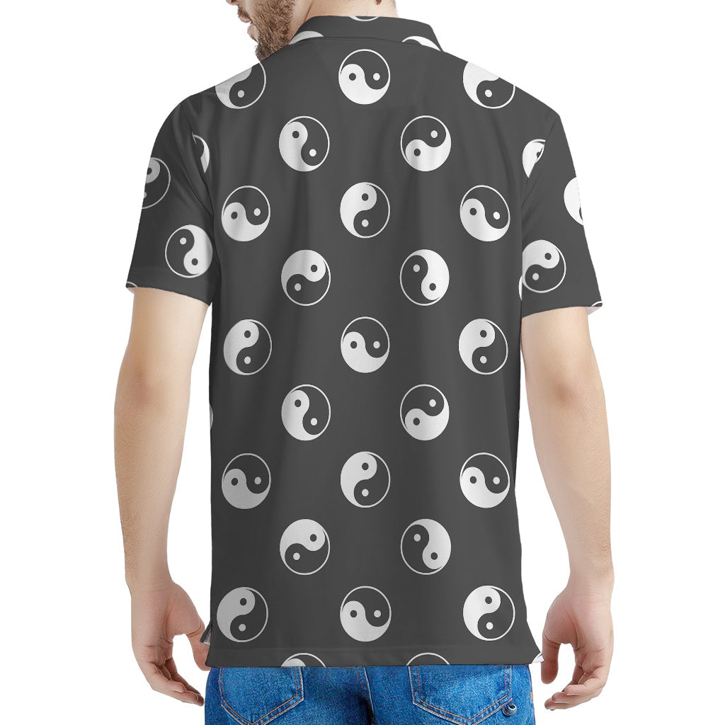 Grey And White Yin Yang Pattern Print Men's Polo Shirt