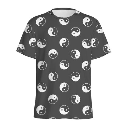 Grey And White Yin Yang Pattern Print Men's Sports T-Shirt