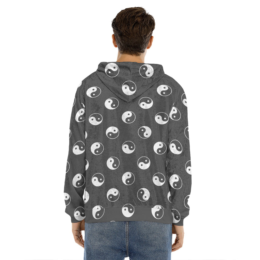 Grey And White Yin Yang Pattern Print Men's Velvet Pullover Hoodie
