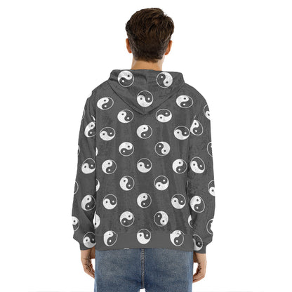 Grey And White Yin Yang Pattern Print Men's Velvet Pullover Hoodie