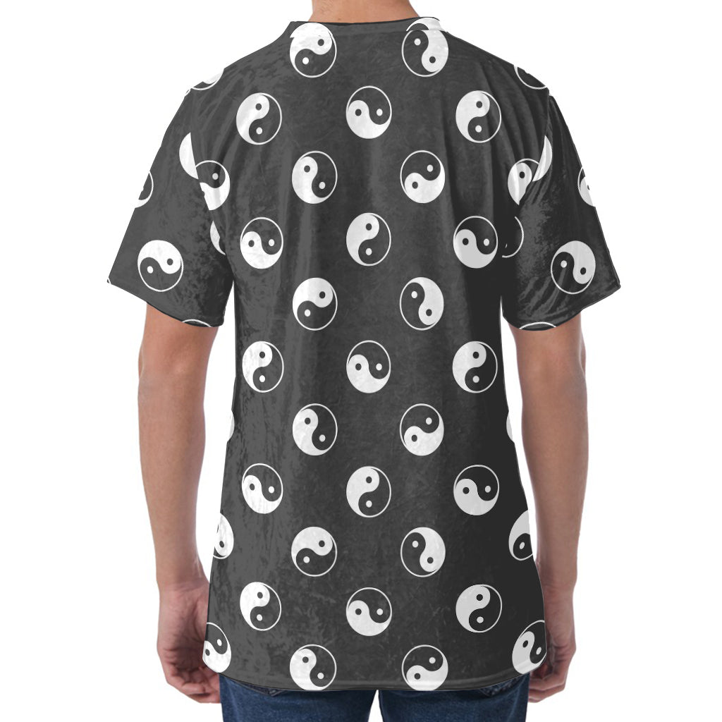 Grey And White Yin Yang Pattern Print Men's Velvet T-Shirt
