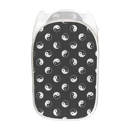 Grey And White Yin Yang Pattern Print Mesh Laundry Hamper