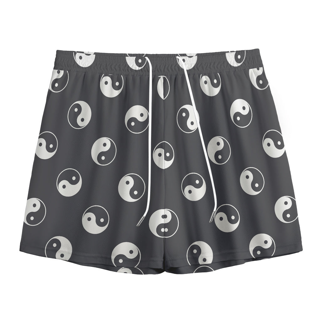 Grey And White Yin Yang Pattern Print Mesh Shorts