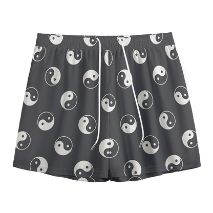 Grey And White Yin Yang Pattern Print Mesh Shorts