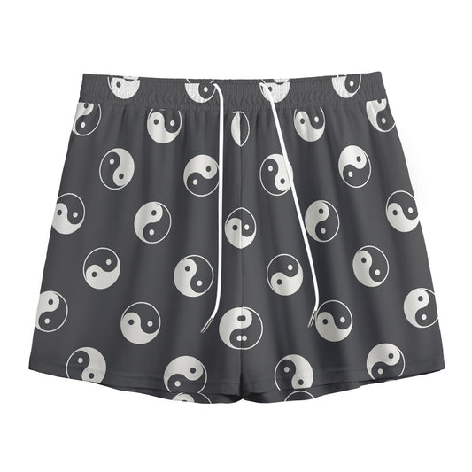 Grey And White Yin Yang Pattern Print Mesh Shorts