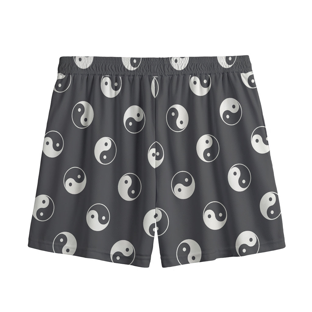 Grey And White Yin Yang Pattern Print Mesh Shorts