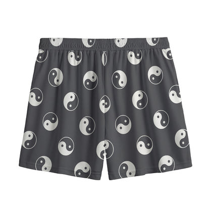Grey And White Yin Yang Pattern Print Mesh Shorts