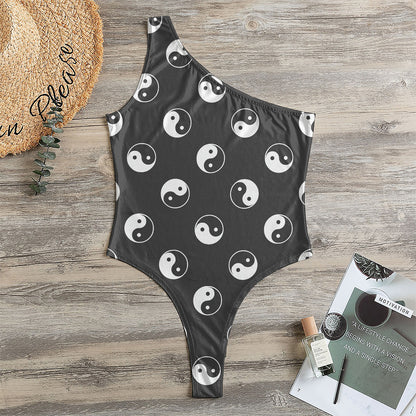 Grey And White Yin Yang Pattern Print One Shoulder Bodysuit