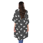 Grey And White Yin Yang Pattern Print Open Front Beach Cover Up