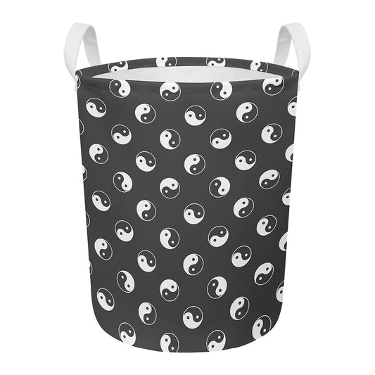 Grey And White Yin Yang Pattern Print Round Laundry Basket