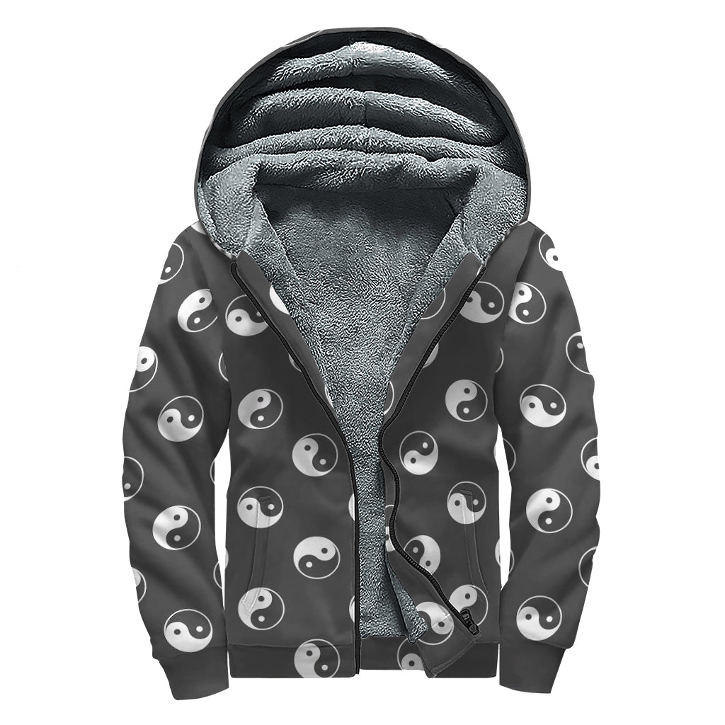 Grey And White Yin Yang Pattern Print Sherpa Lined Zip Up Hoodie