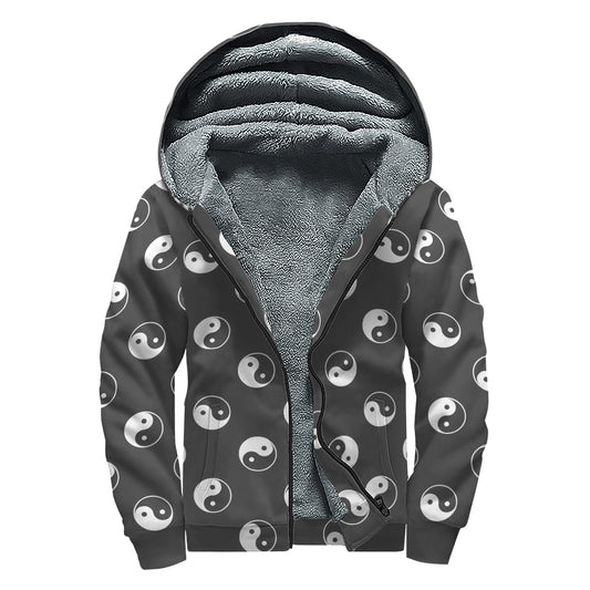 Grey And White Yin Yang Pattern Print Sherpa Lined Zip Up Hoodie