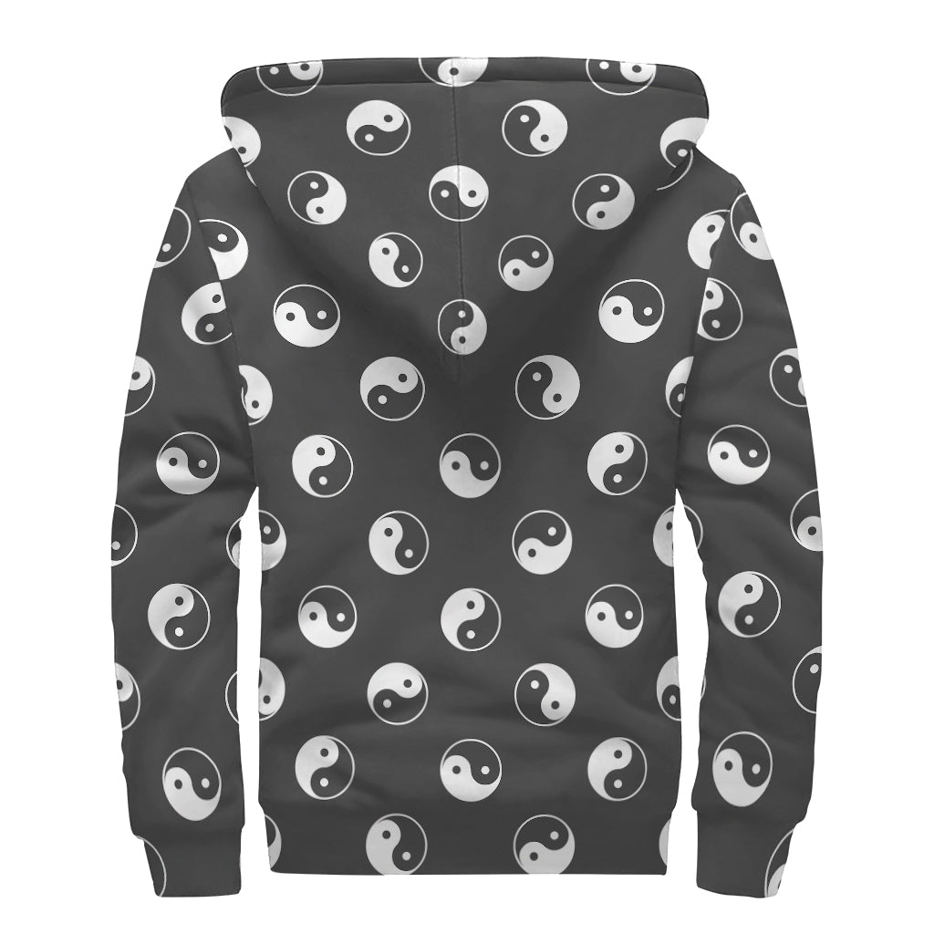Grey And White Yin Yang Pattern Print Sherpa Lined Zip Up Hoodie