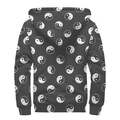 Grey And White Yin Yang Pattern Print Sherpa Lined Zip Up Hoodie