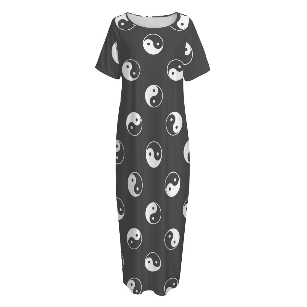 Grey And White Yin Yang Pattern Print Short Sleeve Long Nightdress