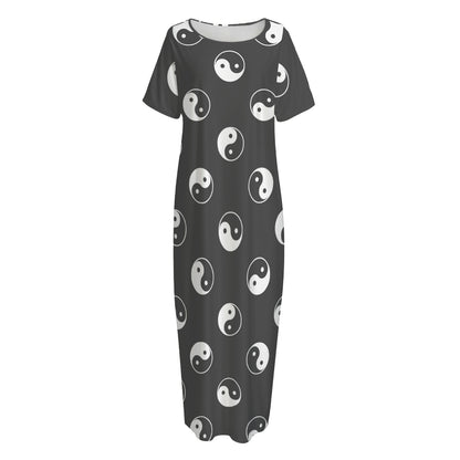 Grey And White Yin Yang Pattern Print Short Sleeve Long Nightdress