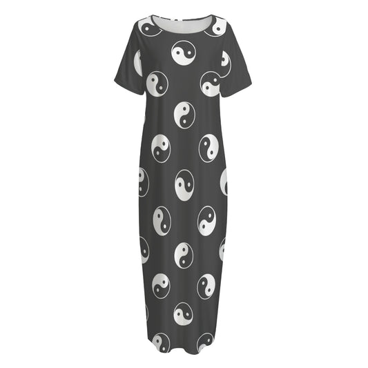 Grey And White Yin Yang Pattern Print Short Sleeve Long Nightdress
