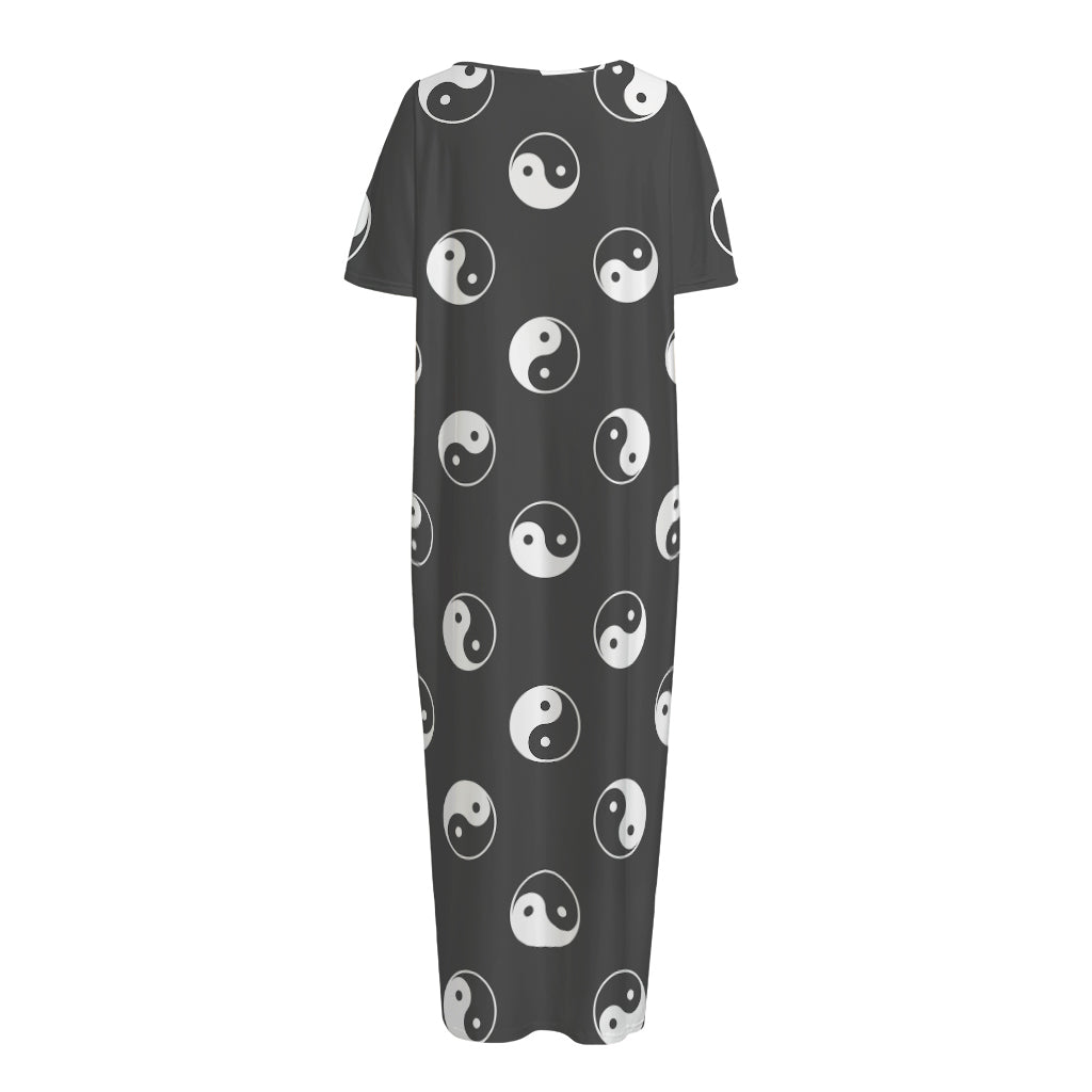 Grey And White Yin Yang Pattern Print Short Sleeve Long Nightdress