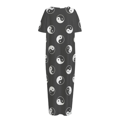 Grey And White Yin Yang Pattern Print Short Sleeve Long Nightdress