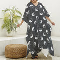Grey And White Yin Yang Pattern Print Silk V-Neck Kaftan Dress