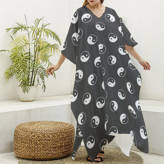 Grey And White Yin Yang Pattern Print Silk V-Neck Kaftan Dress