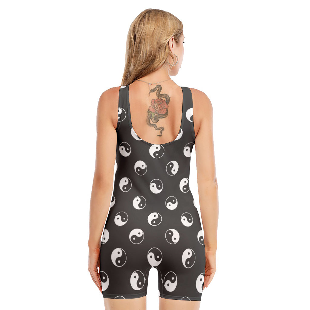 Grey And White Yin Yang Pattern Print Sleeveless One Piece Swimsuit