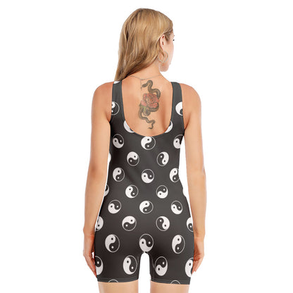 Grey And White Yin Yang Pattern Print Sleeveless One Piece Swimsuit