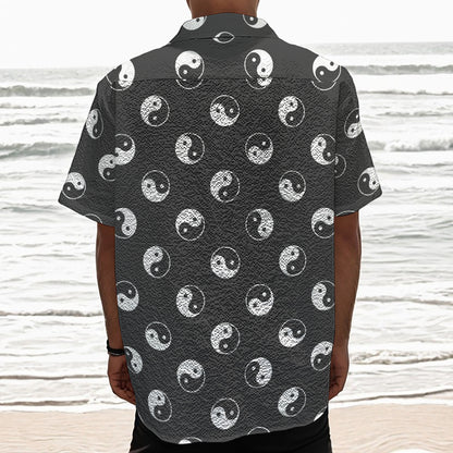 Grey And White Yin Yang Pattern Print Textured Short Sleeve Shirt