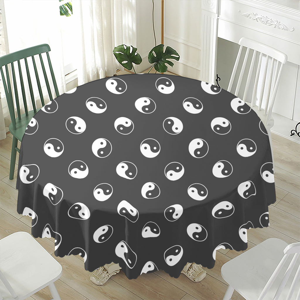 Grey And White Yin Yang Pattern Print Waterproof Round Tablecloth