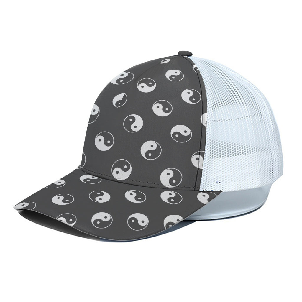 Grey And White Yin Yang Pattern Print White Mesh Trucker Cap