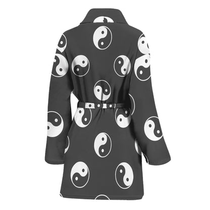 Grey And White Yin Yang Pattern Print Women's Bathrobe