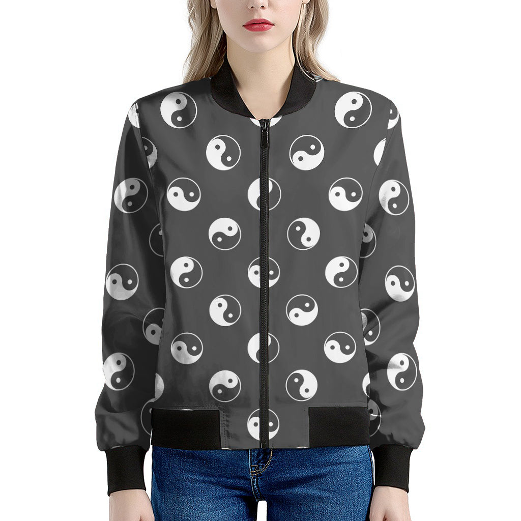 Grey And White Yin Yang Pattern Print Women's Bomber Jacket