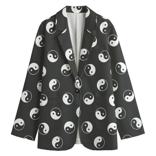 Grey And White Yin Yang Pattern Print Women's Cotton Blazer