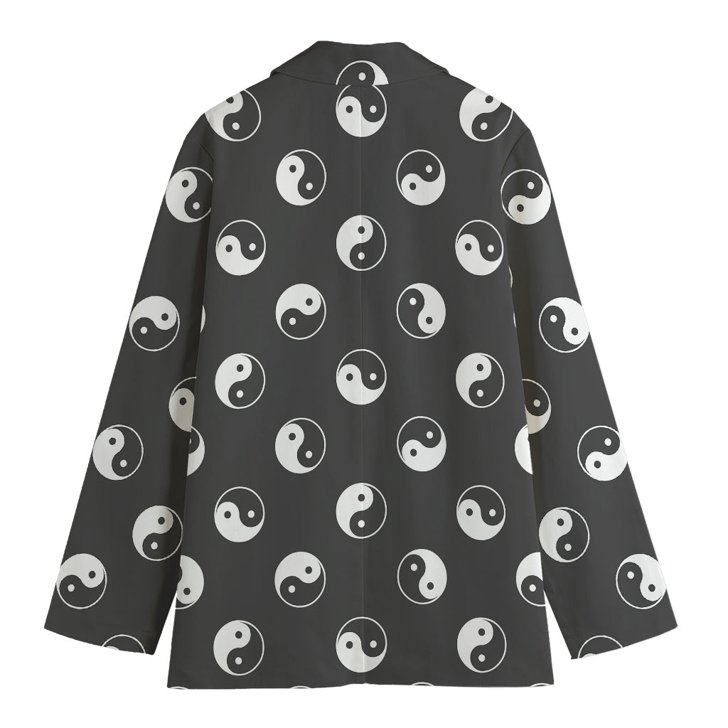 Grey And White Yin Yang Pattern Print Women's Cotton Blazer