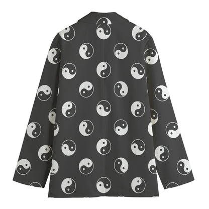 Grey And White Yin Yang Pattern Print Women's Cotton Blazer