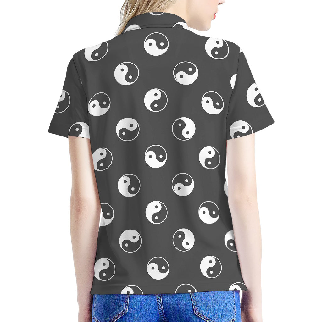 Grey And White Yin Yang Pattern Print Women's Polo Shirt