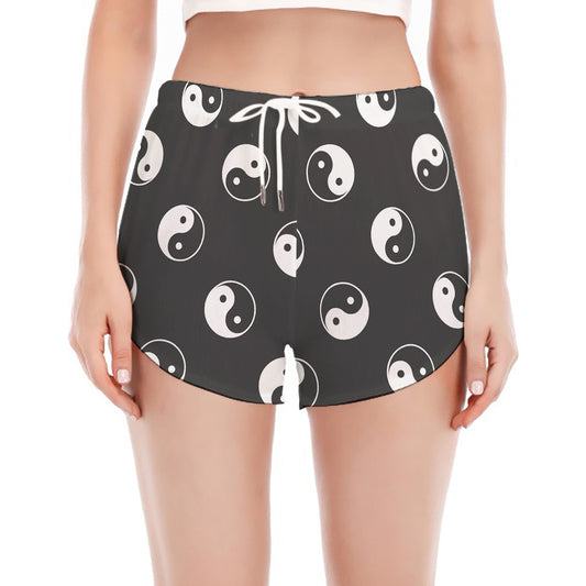 Grey And White Yin Yang Pattern Print Women's Split Running Shorts