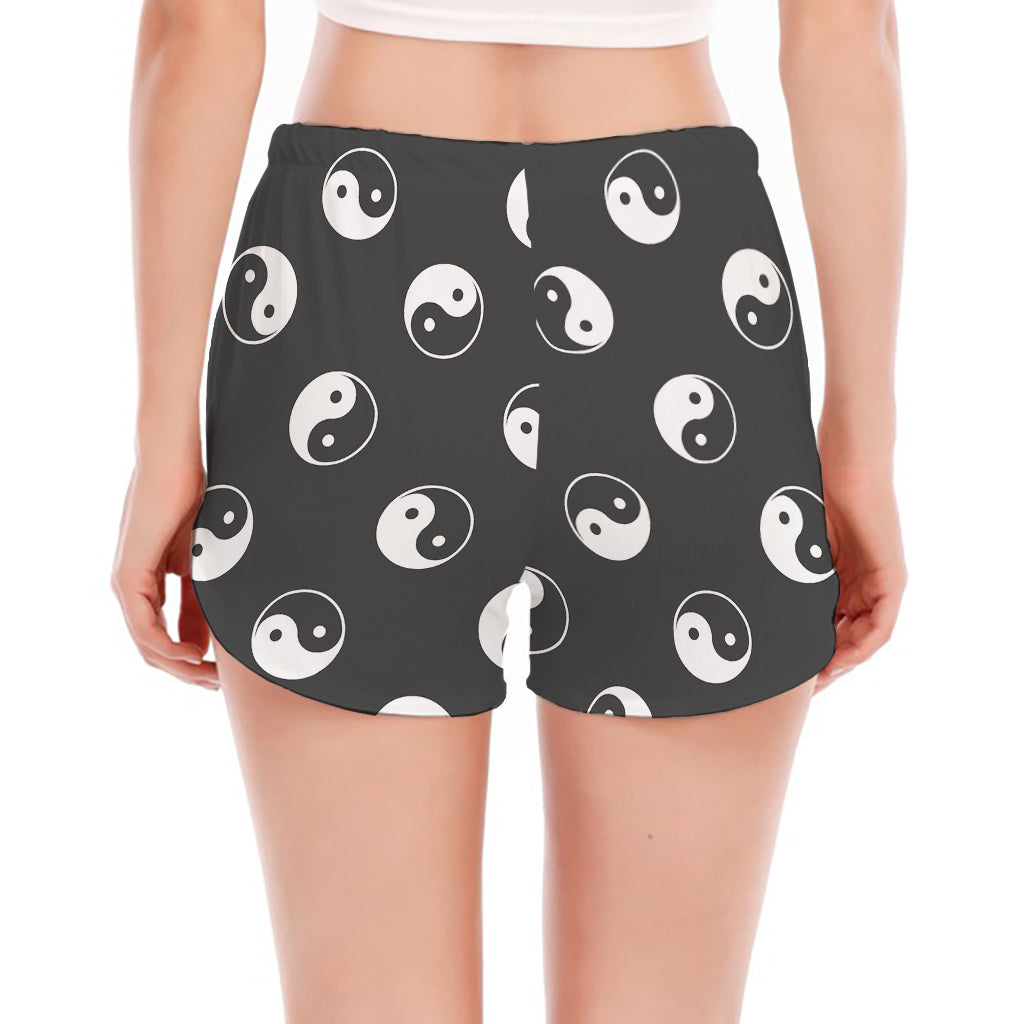Grey And White Yin Yang Pattern Print Women's Split Running Shorts