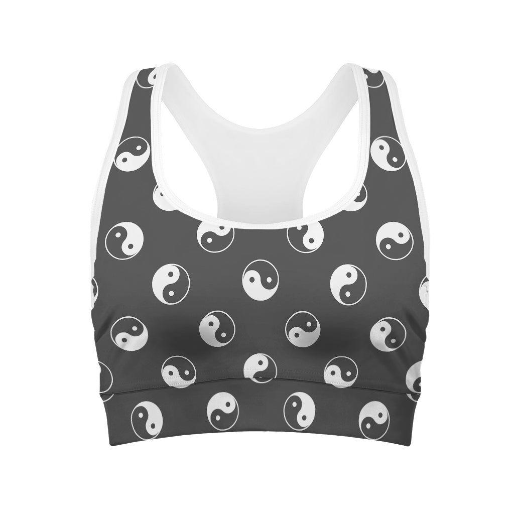 Grey And White Yin Yang Pattern Print Women's Sports Bra