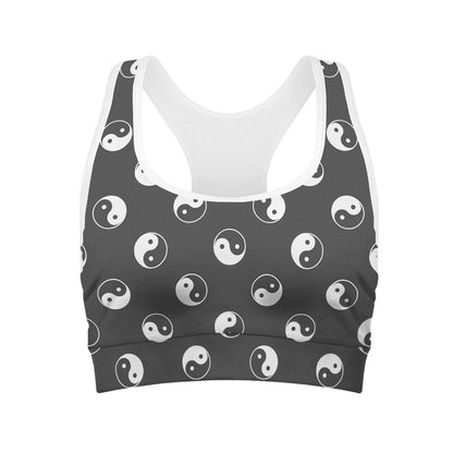 Grey And White Yin Yang Pattern Print Women's Sports Bra