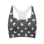Grey And White Yin Yang Pattern Print Women's Sports Bra