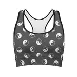 Grey And White Yin Yang Pattern Print Women's Sports Bra