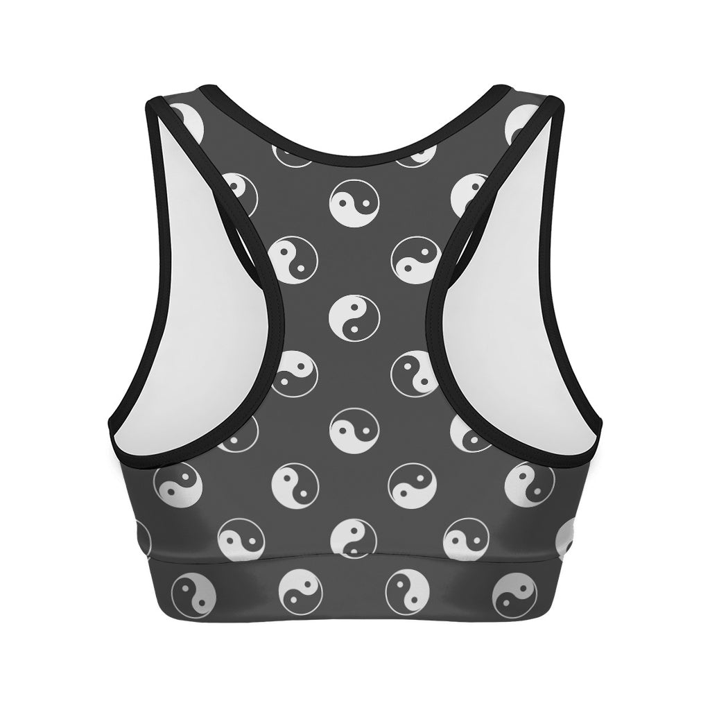 Grey And White Yin Yang Pattern Print Women's Sports Bra