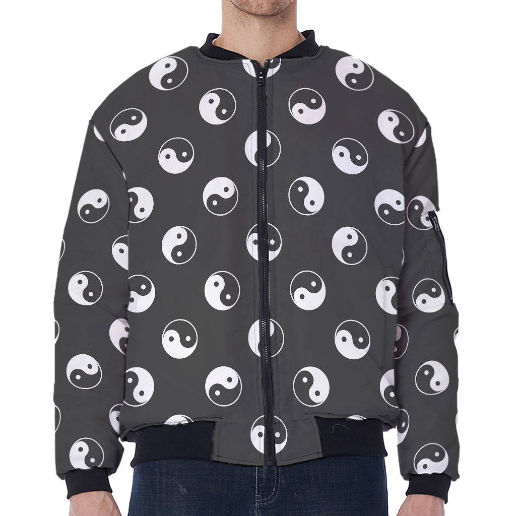 Grey And White Yin Yang Pattern Print Zip Sleeve Bomber Jacket
